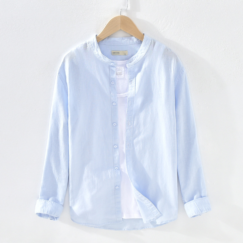 603 basic casual linen shirt youth stand collar long sleeve loose breathable cotton and linen shirt men's one-piece delivery