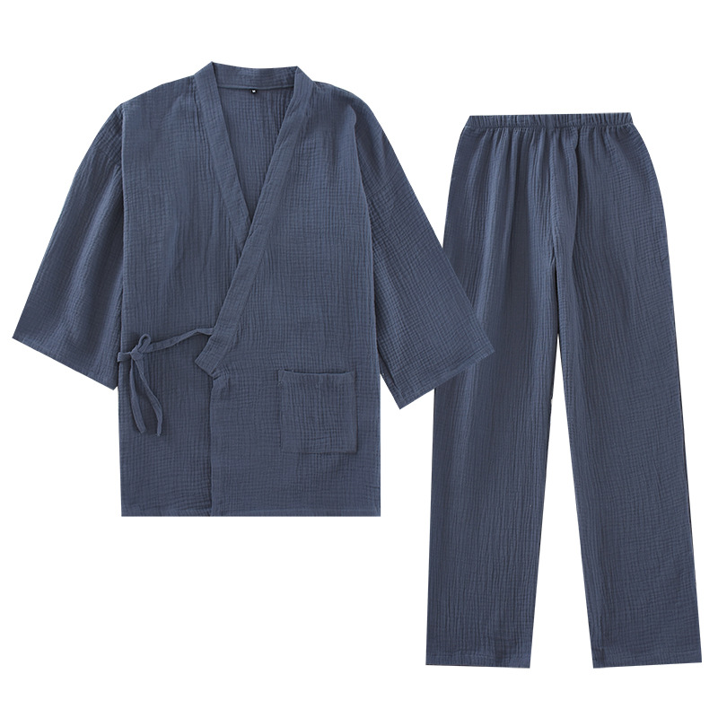 Spring and summer thin crepe double-layer gauze kimono pajamas women's kimono cardigan home clothes men's large size plus fat