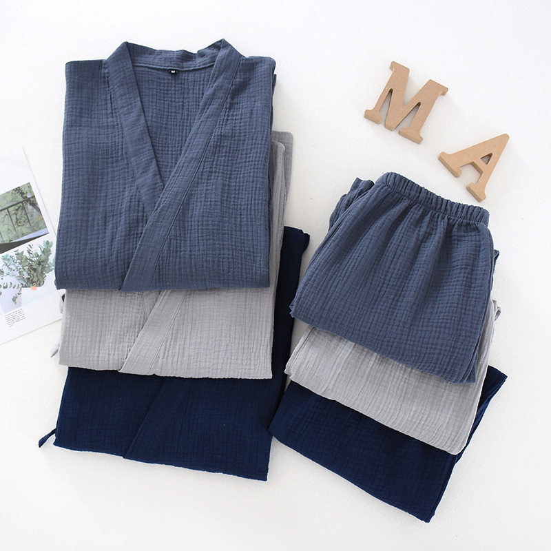 Spring and summer thin crepe double-layer gauze kimono pajamas women's kimono cardigan home clothes men's large size plus fat