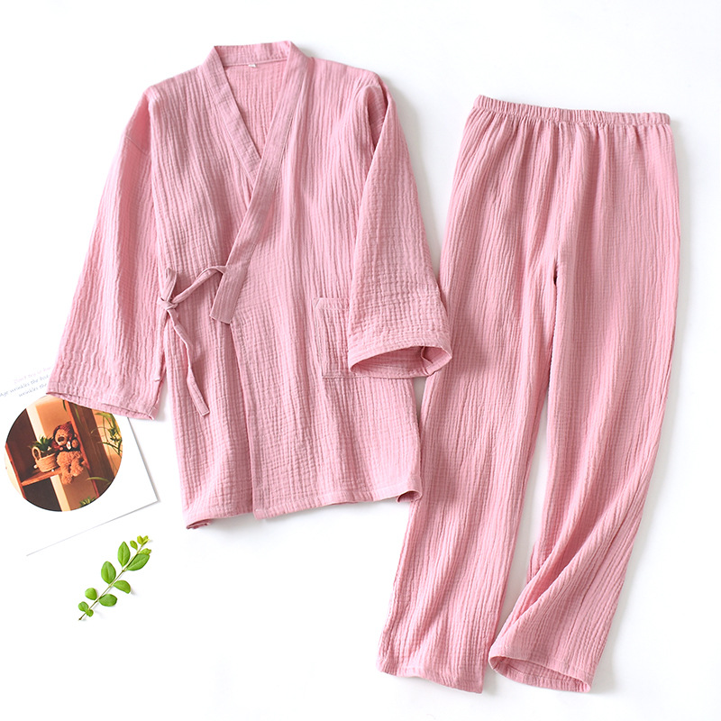 Spring and summer thin crepe double-layer gauze kimono pajamas women's kimono cardigan home clothes men's large size plus fat