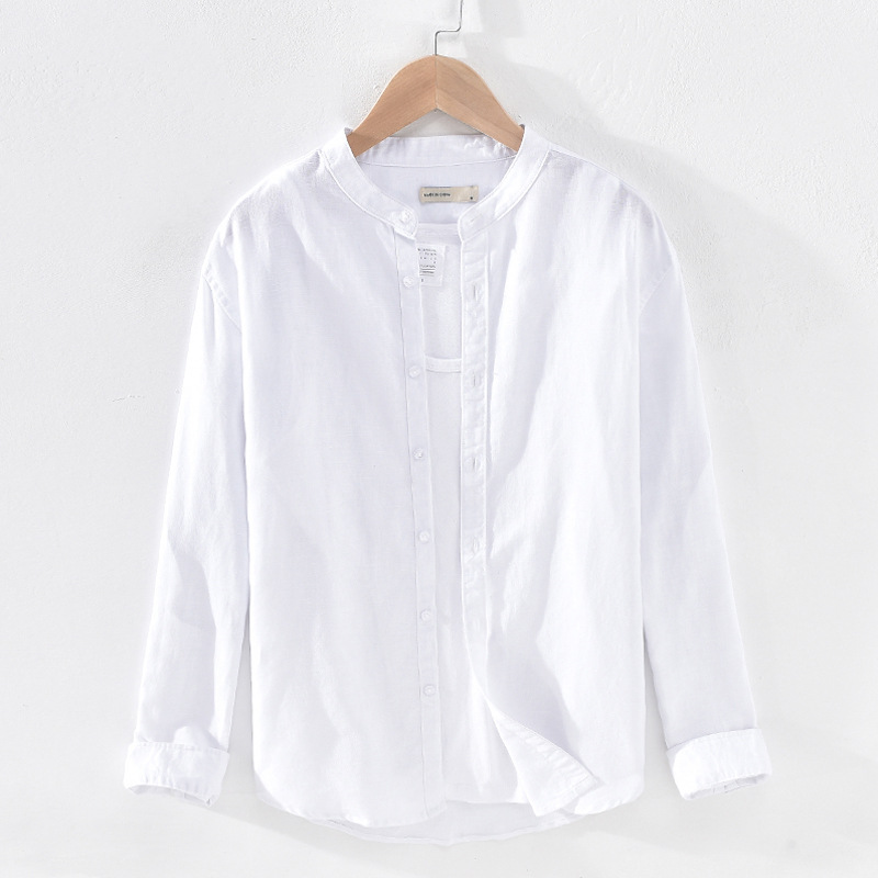 603 basic casual linen shirt youth stand collar long sleeve loose breathable cotton and linen shirt men's one-piece delivery