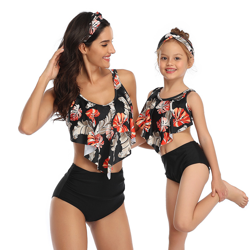 New European and American Split Swimsuit Women's Printed High Waist Bikini Ruffled Parent-Child Swimsuit Spot Bikini