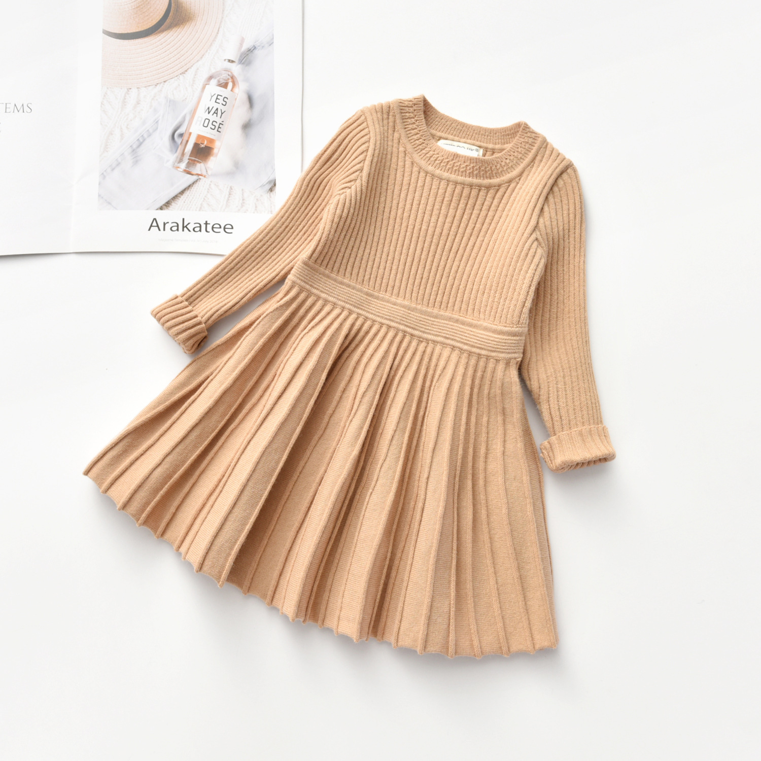 New girls' sweater wholesale Angola fiber children's knitted large swing skirt wool pleated base skirt