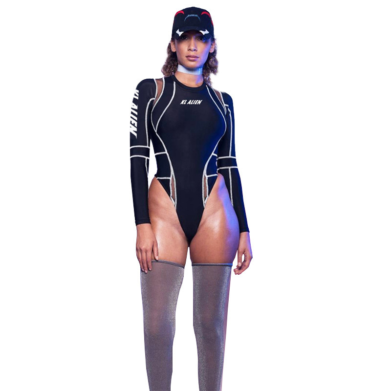European and American women's foreign trade 2024 Amazon spring new women's sexy mesh digital printing long sleeve jumpsuit