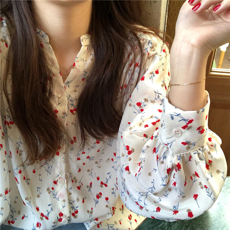 2023 Spring and Autumn Floral Top Loose Korean Style Draping Chiffon V-neck Casual Long Sleeve Shirt Women's Design Shirt