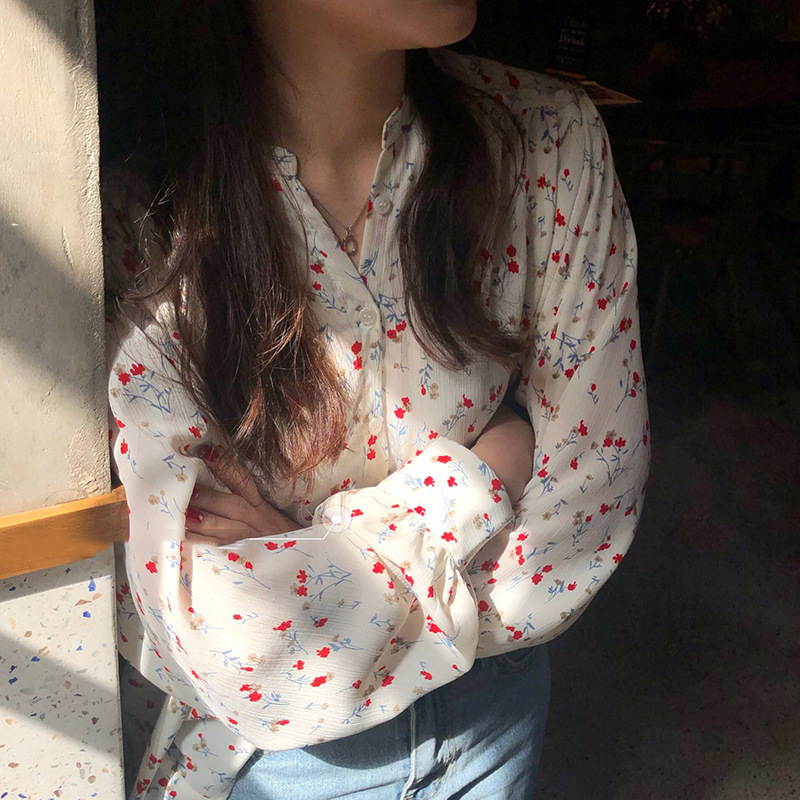 2023 Spring and Autumn Floral Top Loose Korean Style Draping Chiffon V-neck Casual Long Sleeve Shirt Women's Design Shirt