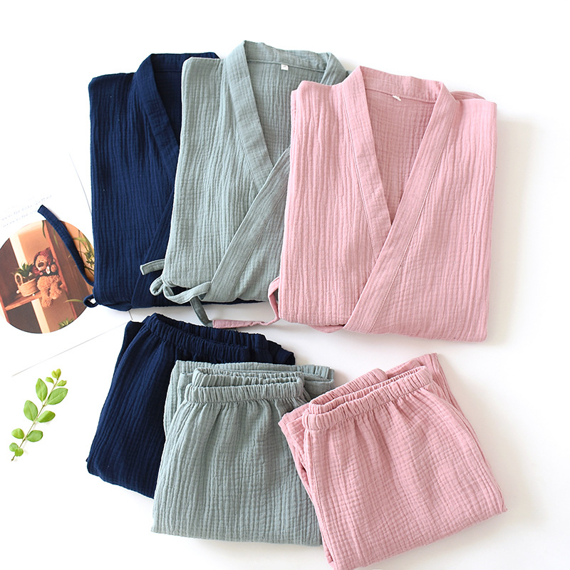 Spring and summer thin crepe double-layer gauze kimono pajamas women's kimono cardigan home clothes men's large size plus fat