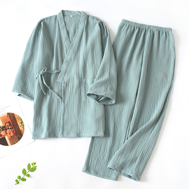 Spring and summer thin crepe double-layer gauze kimono pajamas women's kimono cardigan home clothes men's large size plus fat