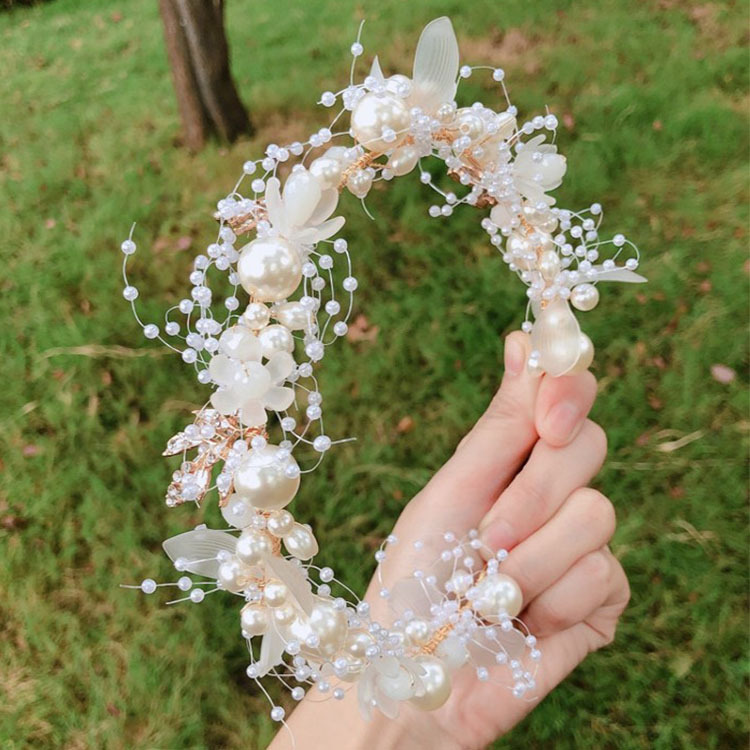 Thick bridal hair band New Pearl flower hair band hand woven golden leaf headdress children's headdress