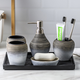 Vintage Brushed Bathroom Toiletries Set Bathroom Handmade Ceramic Toiletries Five-piece Bathroom Kit