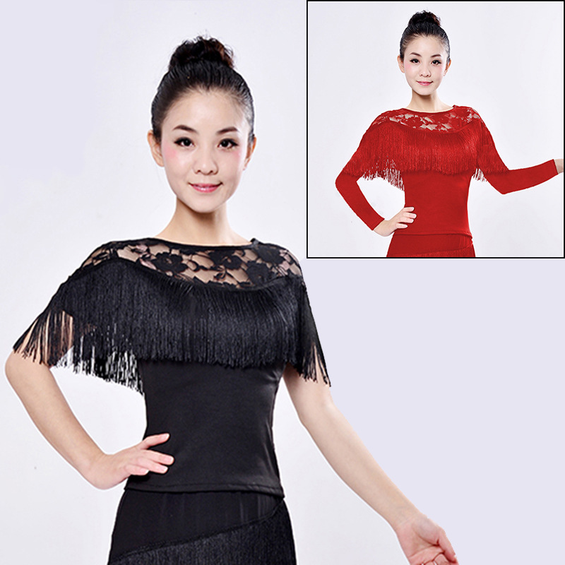 Duoduo Latin Dance Clothing Women's Adult Top Practice Clothes Spring New Short-sleeved Lace Tassel Top Practice Clothes