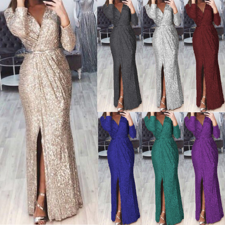 European and American New Amazon Women's Long Dress Evening Dress Deep V-Neck Bright Glittering Dress Sexy Dress for Dinner