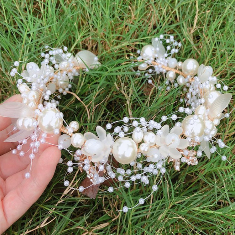 Thick bridal hair band New Pearl flower hair band hand woven golden leaf headdress children's headdress