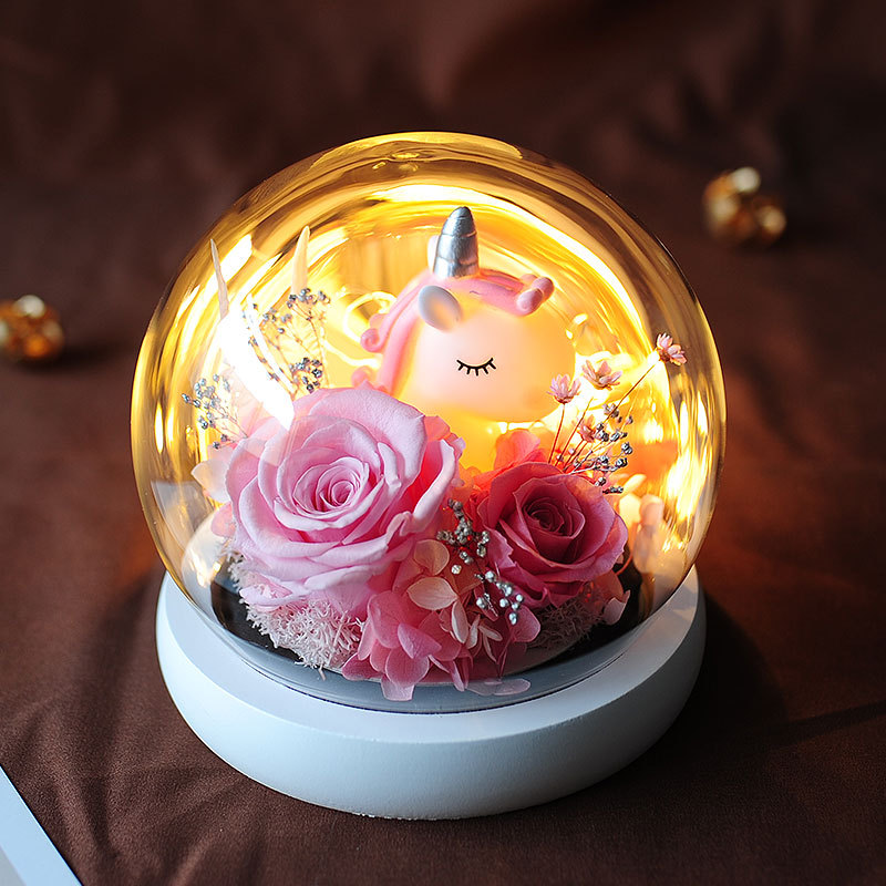 Eternal Flower Unicorn Glass Cover Decoration New Year Gift Creative Gift for Girlfriend Rose Eternal Flower Finished Product