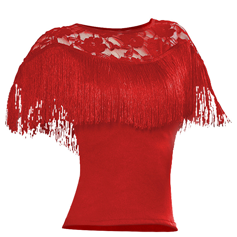 Duoduo Latin Dance Clothing Women's Adult Top Practice Clothes Spring New Short-sleeved Lace Tassel Top Practice Clothes