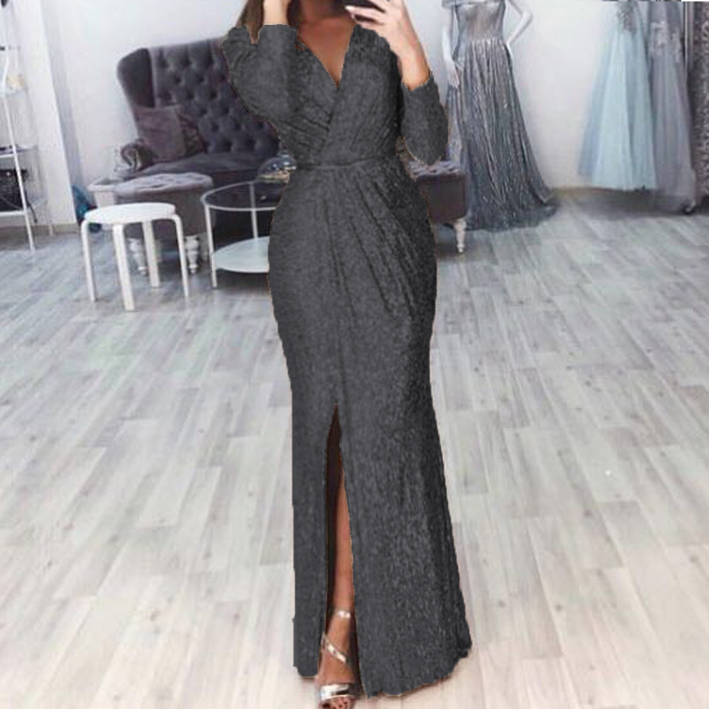 European and American New Amazon Women's Long Dress Evening Dress Deep V-Neck Bright Glittering Dress Sexy Dress for Dinner