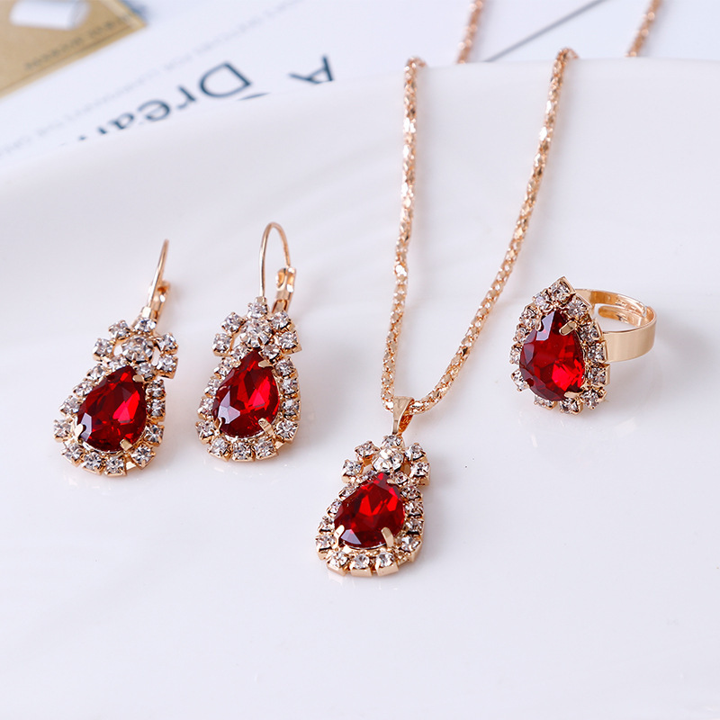 European and American personality water drops rhinestone necklace earrings ring suit shiny bridal jewelry factory direct sales