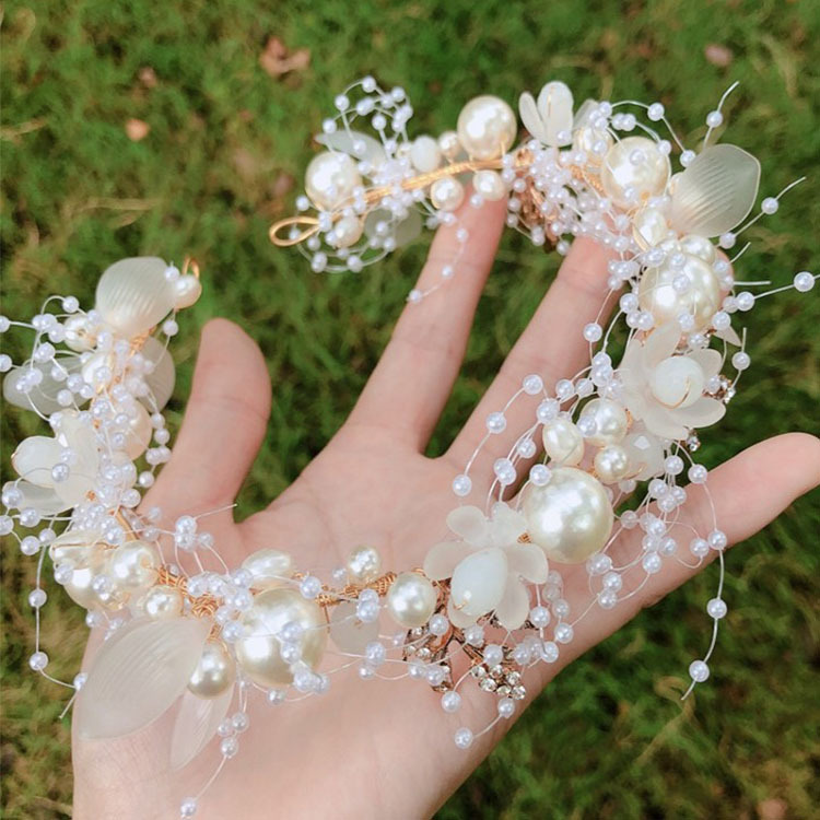 Thick bridal hair band New Pearl flower hair band hand woven golden leaf headdress children's headdress