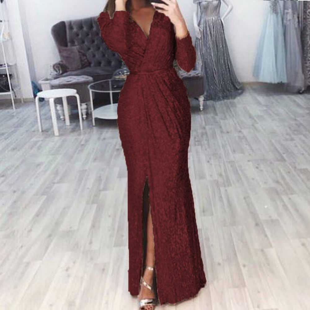 European and American New Amazon Women's Long Dress Evening Dress Deep V-Neck Bright Glittering Dress Sexy Dress for Dinner