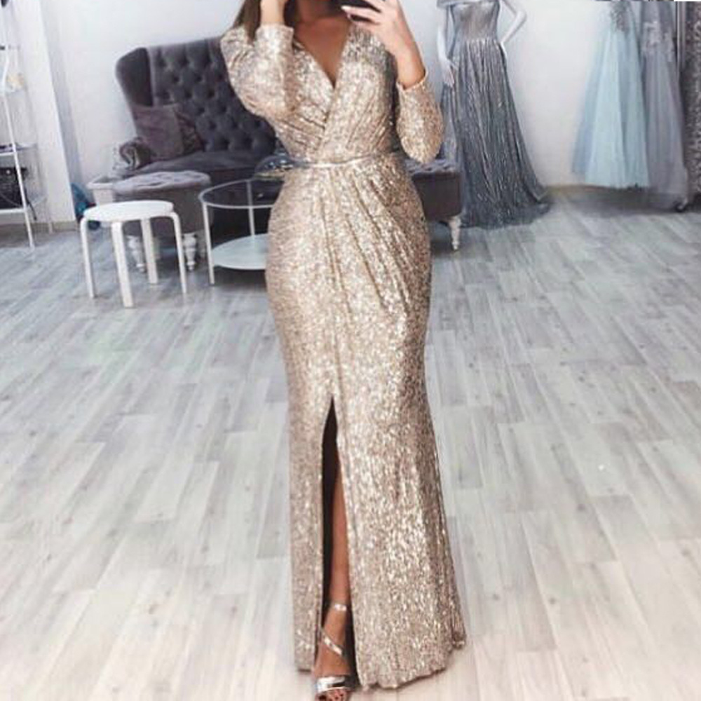 European and American New Amazon Women's Long Dress Evening Dress Deep V-Neck Bright Glittering Dress Sexy Dress for Dinner