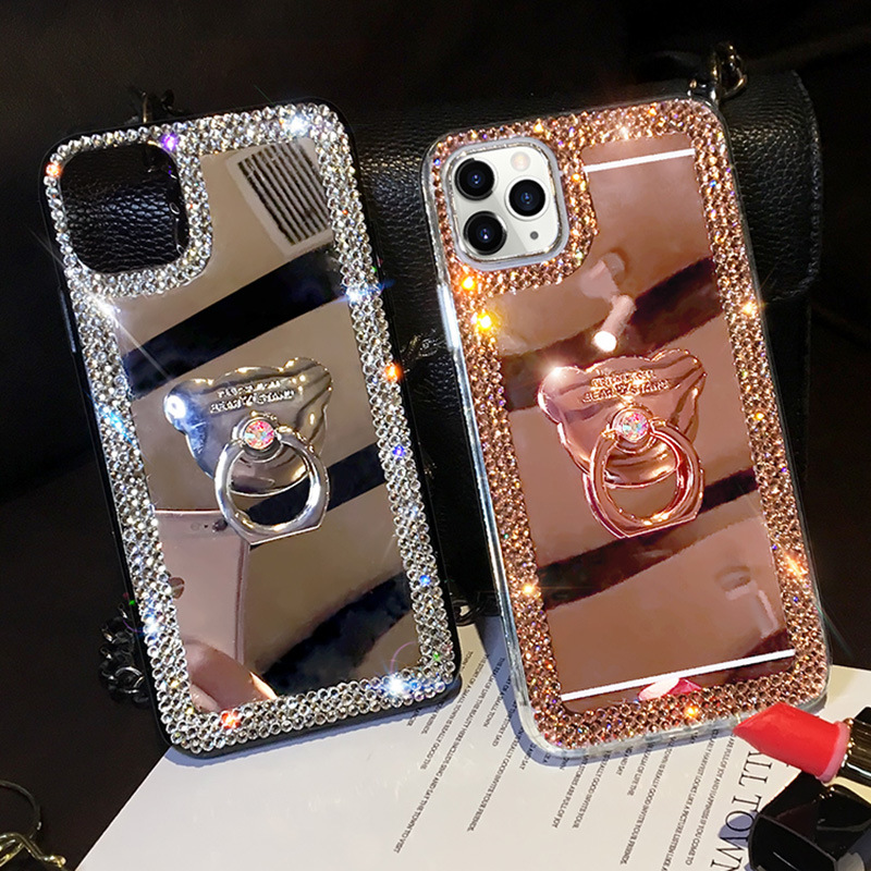 蘋果15/14手機殼水鑽鏡子iphone12全包硅膠支架11創意適用xs/13套
