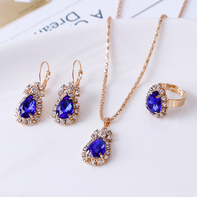 European and American personality water drops rhinestone necklace earrings ring suit shiny bridal jewelry factory direct sales