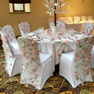 Cross-border hotel dining chair organza three-dimensional flower chair cover American round table flag tablecloth wholesale chair back cap