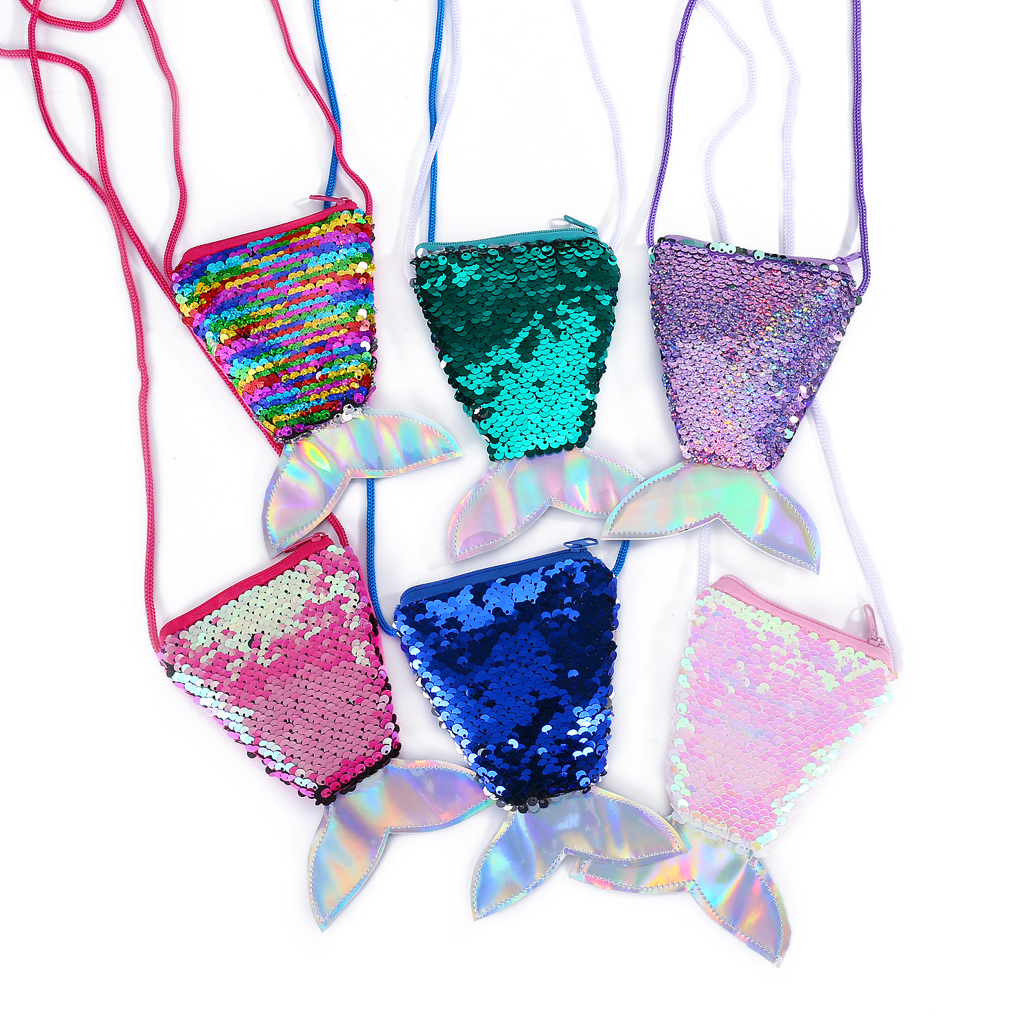 Children's wallet fish tail sequins lanyard coin purse girl mermaid diagonal coin bag small wallet wholesale