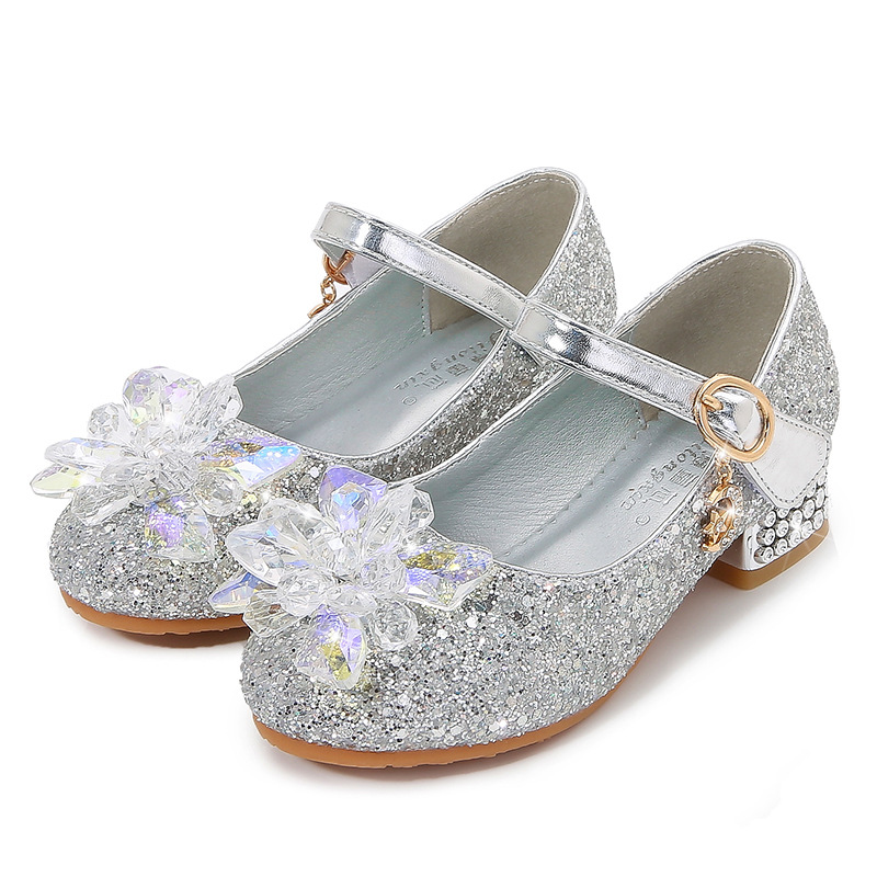Children's Crystal Shoes 2023 Spring and Autumn New Girls High-heeled Princess Shoes Single-layer Shoes Little Girls Sequin Leather Shoes for Children