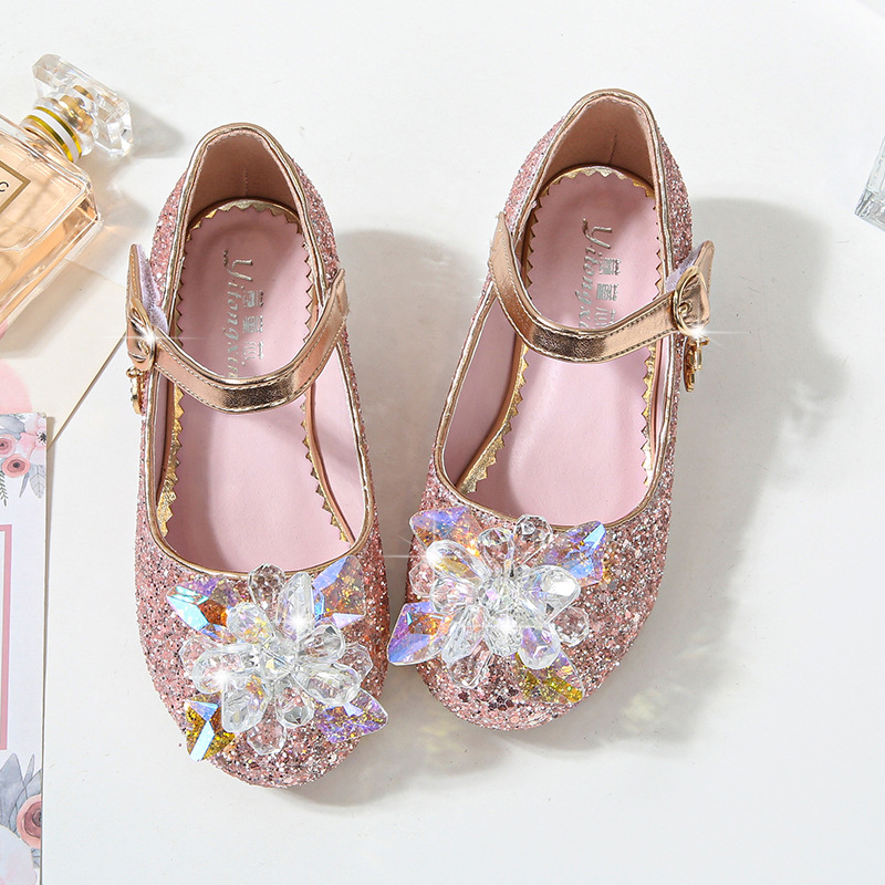 Children's Crystal Shoes 2023 Spring and Autumn New Girls High-heeled Princess Shoes Single-layer Shoes Little Girls Sequin Leather Shoes for Children