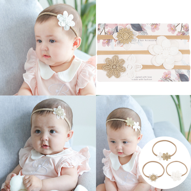 80527 Bow Nylon Traceless Small Hair Band Sweet Baby Fabric Headwear Children's Hair Accessories Set 3 Piece Set