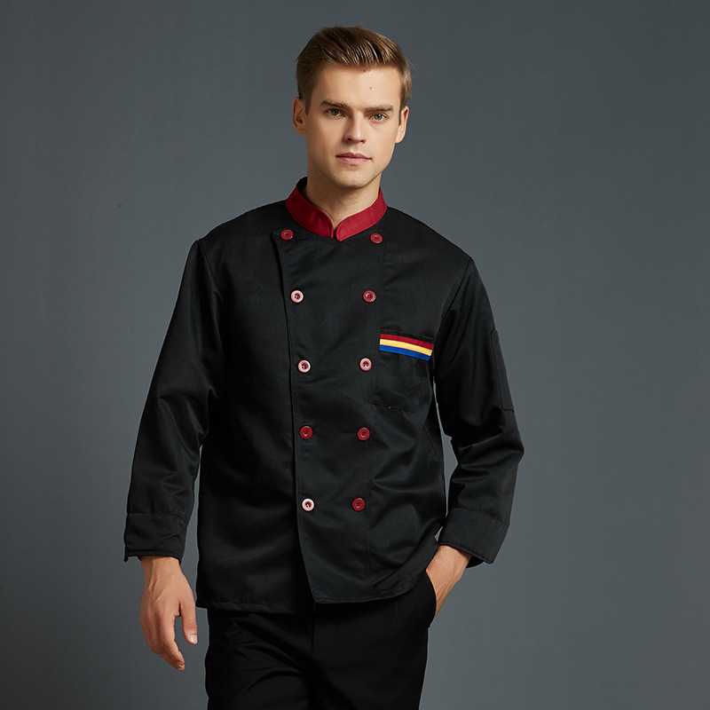 Chef work clothes long sleeve hotel restaurant kitchen work clothes men's and women's black white red chef clothes restaurant canteen embroidery