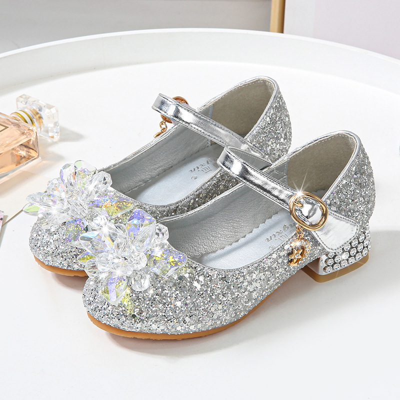 Children's Crystal Shoes 2023 Spring and Autumn New Girls High-heeled Princess Shoes Single-layer Shoes Little Girls Sequin Leather Shoes for Children
