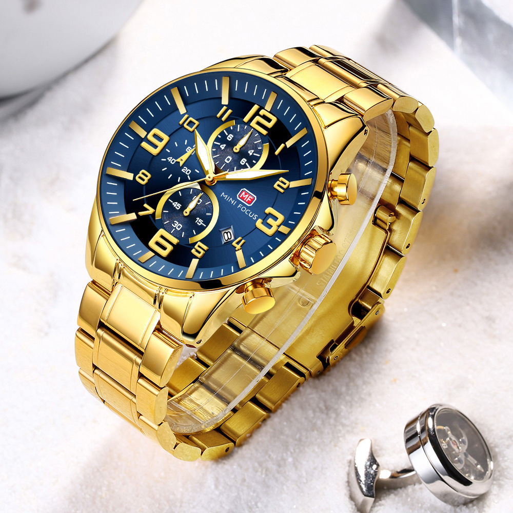 MINI FOCUS Gold Watch Large Dial Men's Watch Middle East Explosions Luminous Waterproof Steel Band Men's Watch 0278G