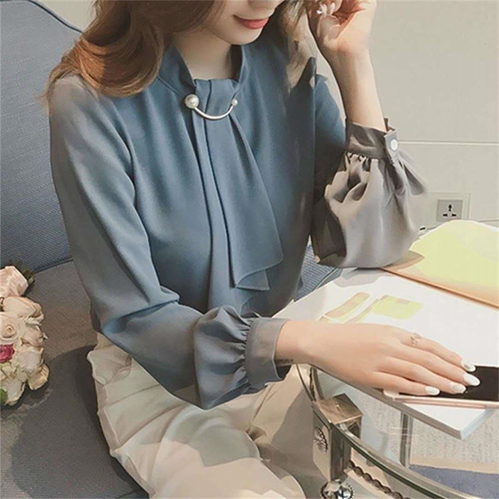 2024 Spring New Korean Style Ring Buckle Lantern Sleeve Pullover Chiffon Shirt Women's Long Sleeve Base Shirt Top