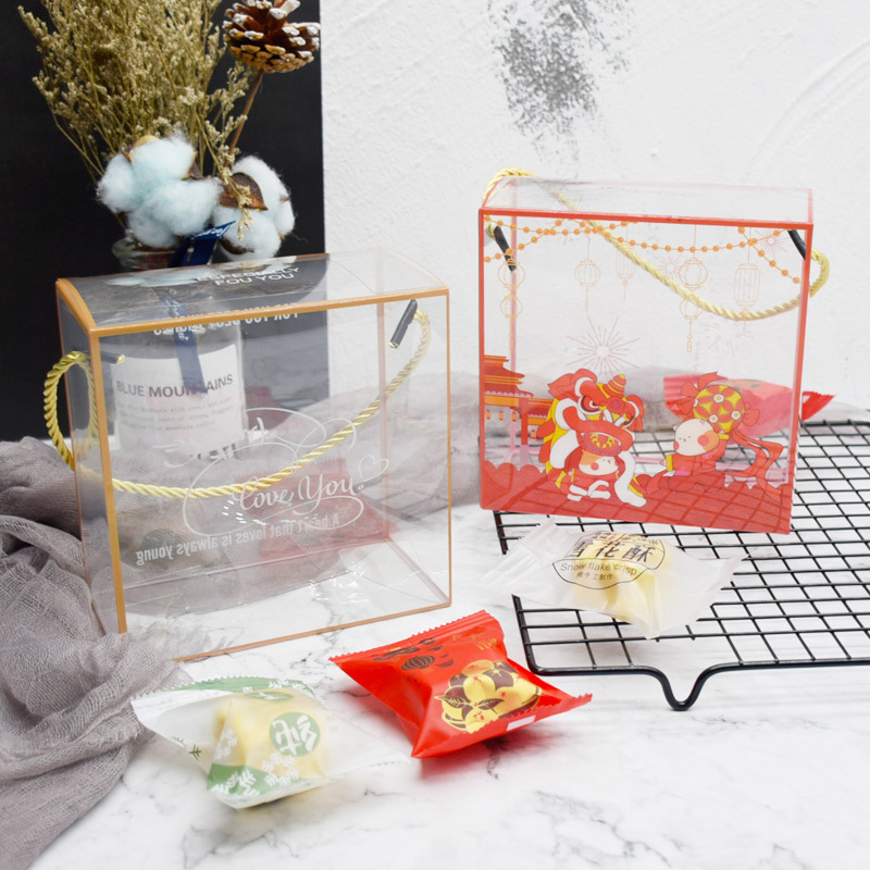 New year Christmas transparent snowflake crisp nougat egg yolk crisp portable gift box bag plastic packaging box green ball biscuit