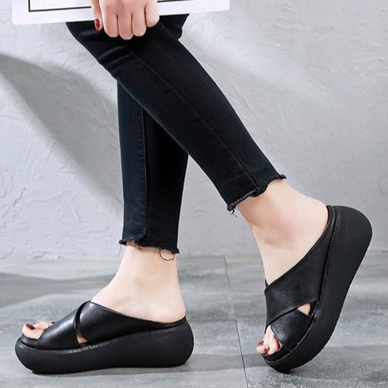 Cross-border Amazon sandals European and American summer new platform mid heel cross outer wear plus size women's slippers in stock