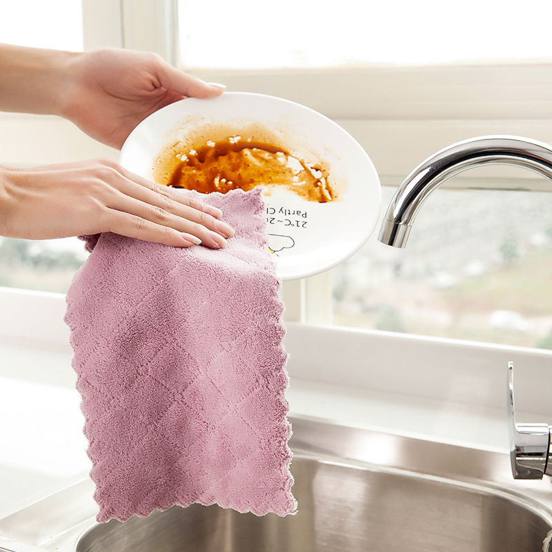 Kitchen cleaning solid color double-sided strong absorbent cloth Bowl towel wet and dry dual-use scouring pad