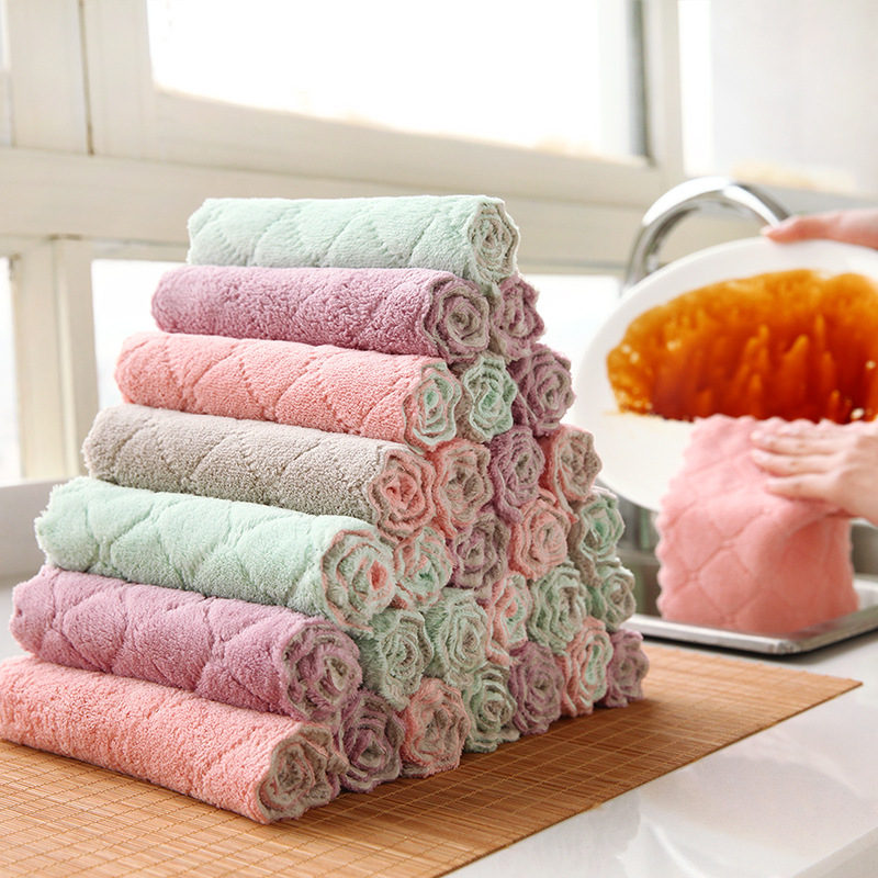 Kitchen cleaning solid color double-sided strong absorbent cloth Bowl towel wet and dry dual-use scouring pad