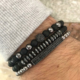 Foreign trade jewelry black frosted wear copper with zirconium diamond ball flying saucer long bracelet set wholesale men's woven bracelet