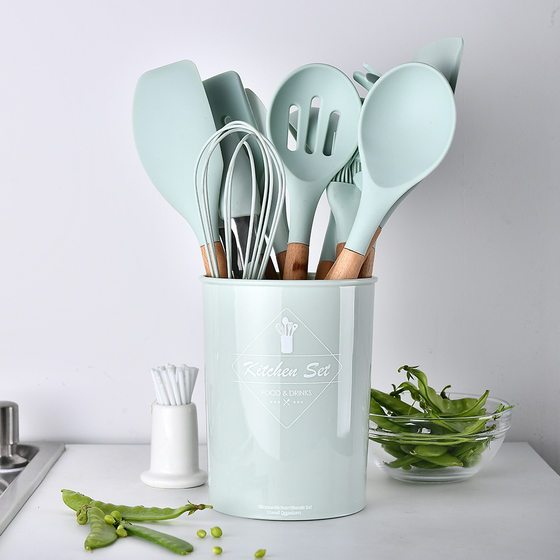 Cross-border spot storage barrel wooden handle silicone kitchenware 11-piece set seven-color silicone kitchenware 11-piece set