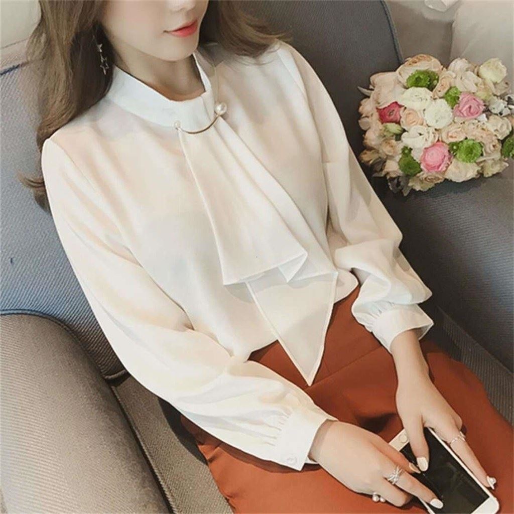 2024 Spring New Korean Style Ring Buckle Lantern Sleeve Pullover Chiffon Shirt Women's Long Sleeve Base Shirt Top