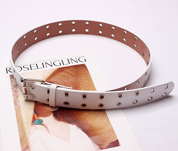Belt women's factory spot wholesale double row steam eye hip hop trend leather metal hollow women's punk belt