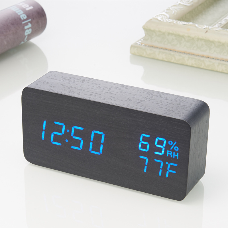 Creative multifunctional student gift desktop simple digital voice control mute LED temperature and humidity wood electronic alarm clock
