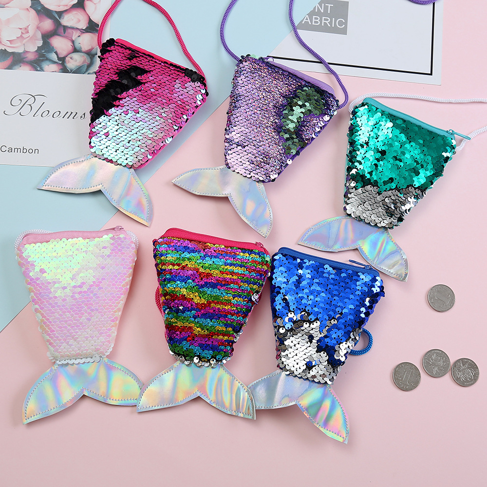 Children's wallet fish tail sequins lanyard coin purse girl mermaid diagonal coin bag small wallet wholesale