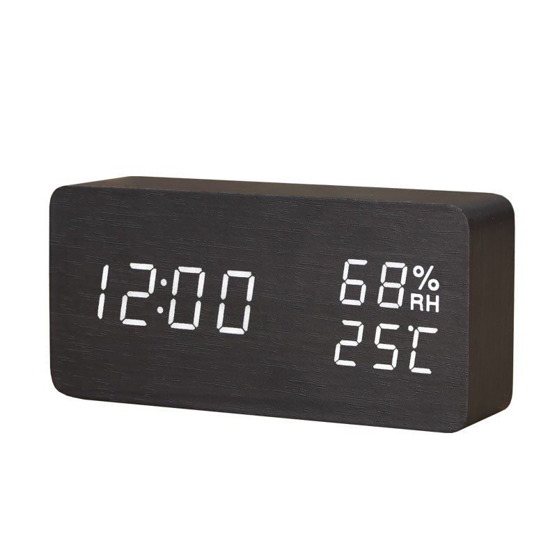 Creative multifunctional student gift desktop simple digital voice control mute LED temperature and humidity wood electronic alarm clock