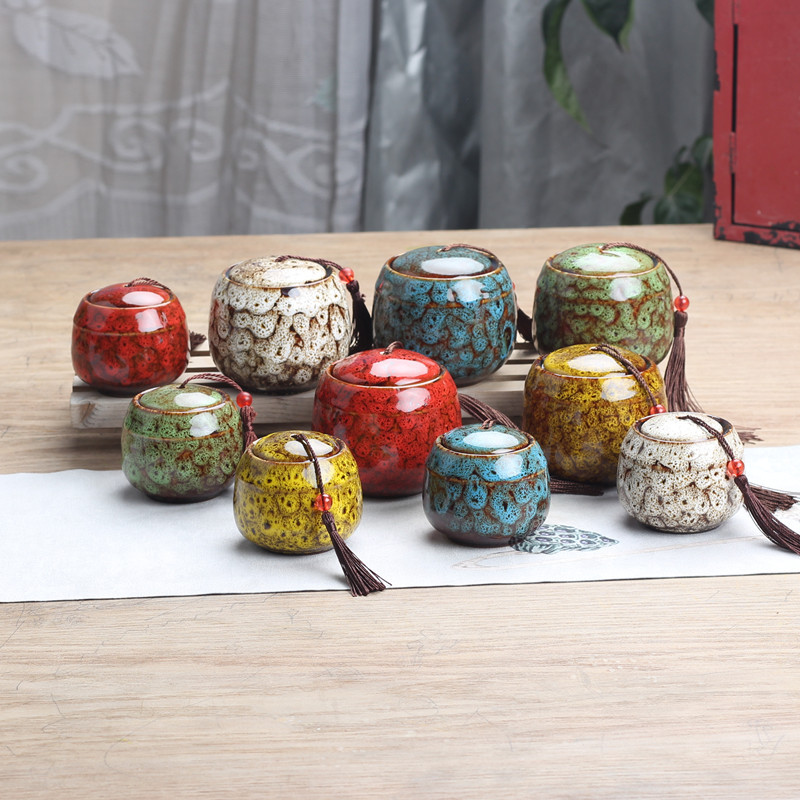 Ceramic Kiln Small Tea Cans Retro Household Storage Tank Moisture-Proof Medicine Cans Home Travel Portable Set Color Cans