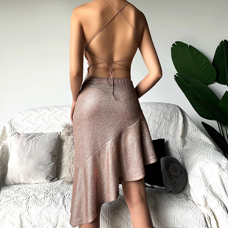 93673 knitted glitter sexy backless strap dress 2024 summer women's fashion temperament skirt wholesale