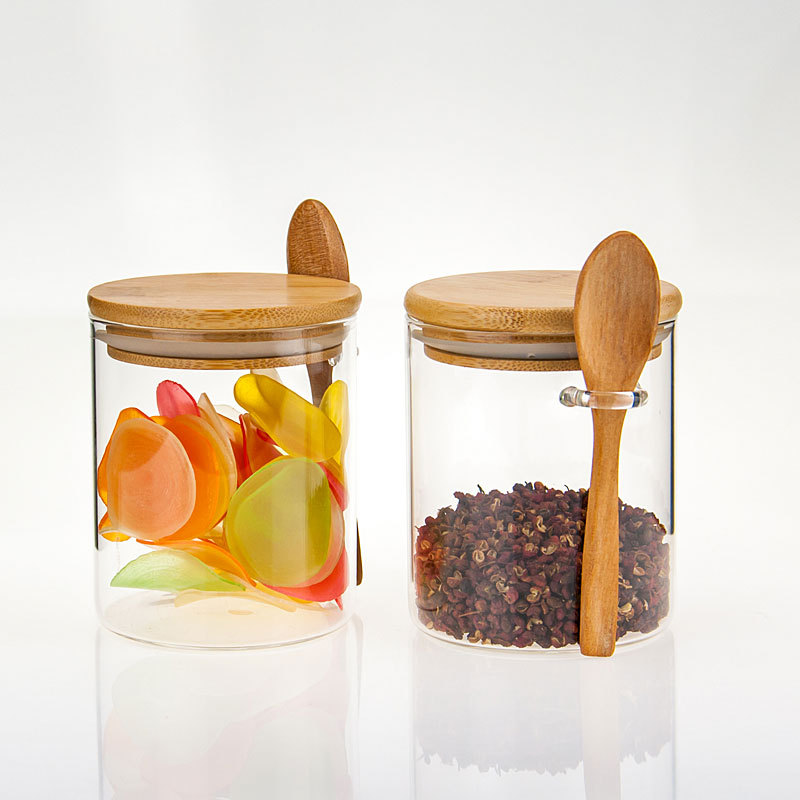 Round glass sealed jar with spoon glass transparent seasoning jar suit kitchen multi-grain dried fruit storage bottle with spoon