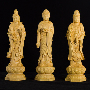 Boxwood Carving Western Three Saints Amitabha Tathagata Avalokiteshvara Bodhisattva Bodhisattva
